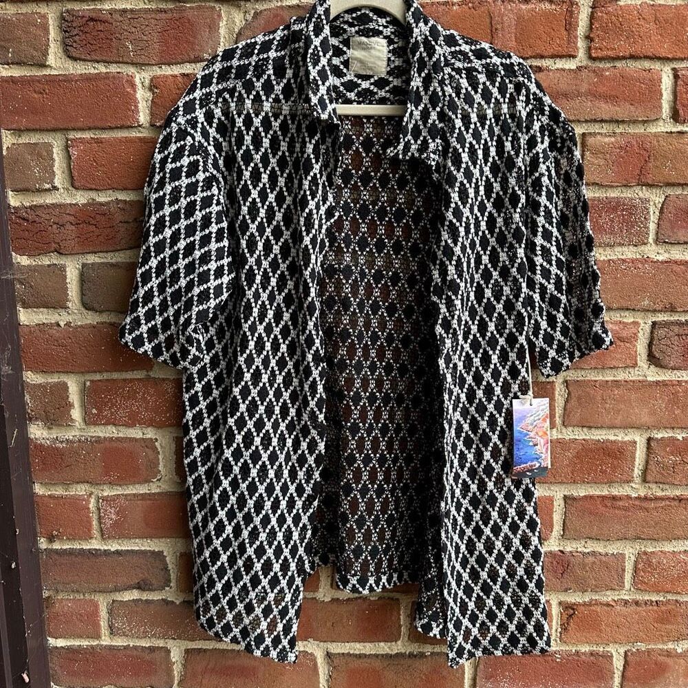 Massive Luxury Woven Crochet Shirt Black White Open Knit Button Up Size L NEW